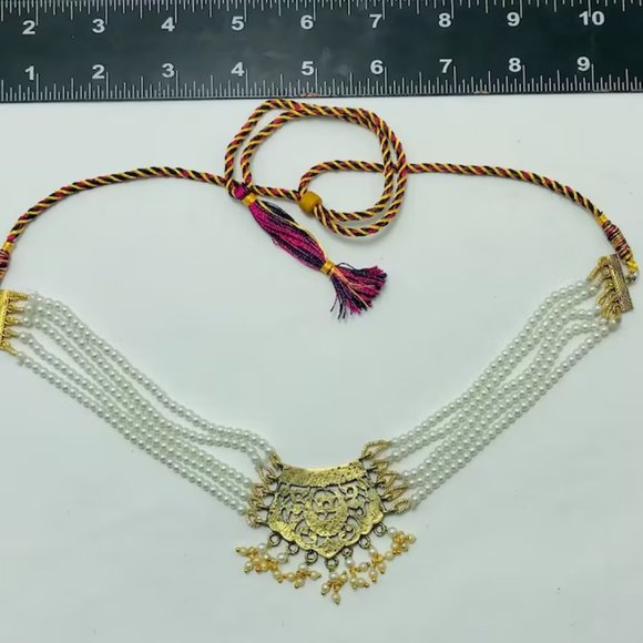 Pearls Beaded Chain Necklace With Big Golden Metal Motif, Handmade Beaded - Picture 12 of 12